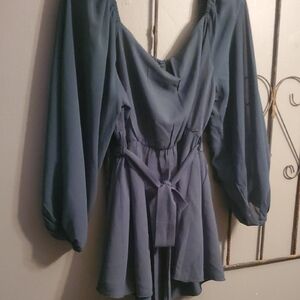 Relaxed Dark Green V-Neck Tie-Waist Long Sleeve Tunic